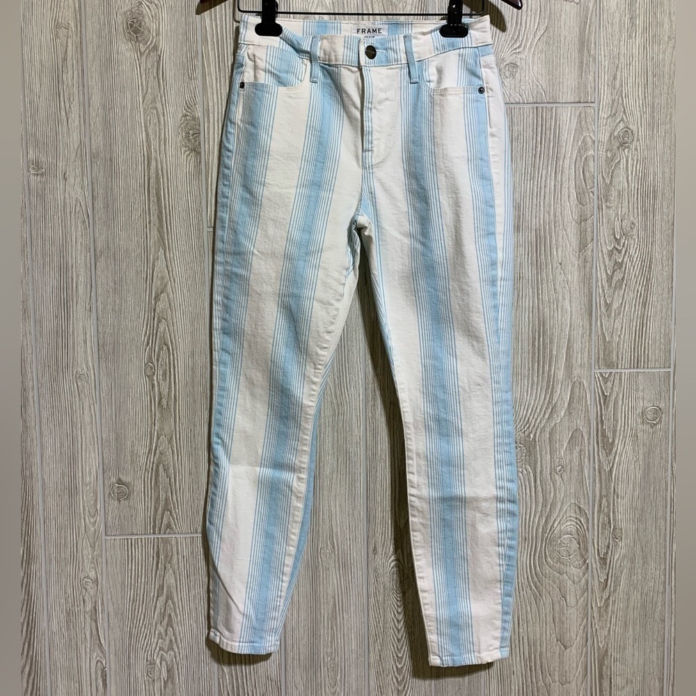 Frame Le High Skinny Crop Baby Blue White Ombre Stripe Jeans Size 27